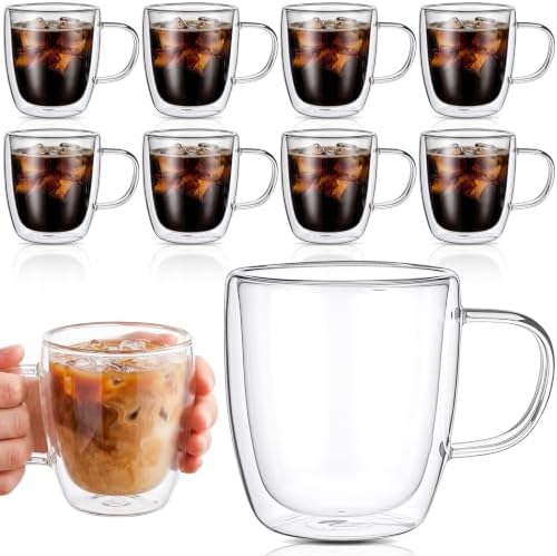 Patelai 8 Pcs 16oz Clear Glass Coffee Mugs Double Walled Coffee Cups Glasses Insulated Latte Mugs with Handle Espresso Clear Cups for Cappuccino Tea, Heat Resistant Glasses by Patelai