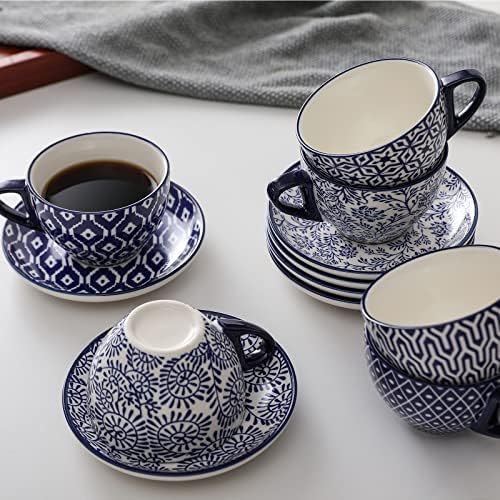 Selamica Ceramic 8 oz Cappuccino Cup Set with Saucers, Espresso Coffee Cups, Latte Macchiato for Party Cafe Home, Set of 6, Vintage Blue - Image 3