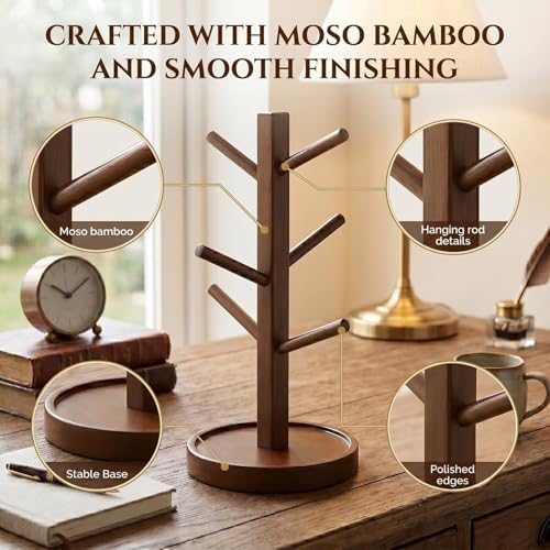 Water Based Lacquer Bamboo Mug Tree, Countertop Cup Organizer, 4 Branch Drip Proof Stand for Mugs, Wine Glasses & Coffee Cups, 11in - Image 5