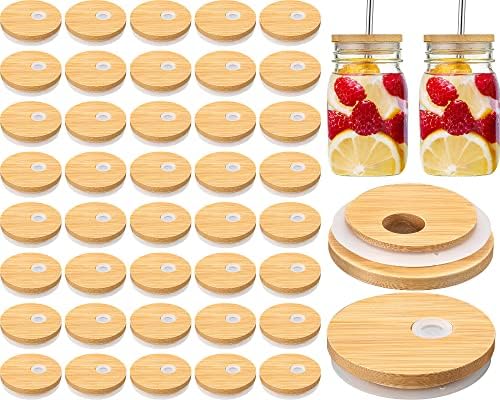Sieral 70mm Bamboo Jar Lids with Straw Hole for Glass Cups Reusable Wooden Mason Jar Lids for Beer Can Cups, 2.76 Inch Canning cover with Silicone Ring for Regular Mouth Drinking Jars(40 Pcs) by Sieral