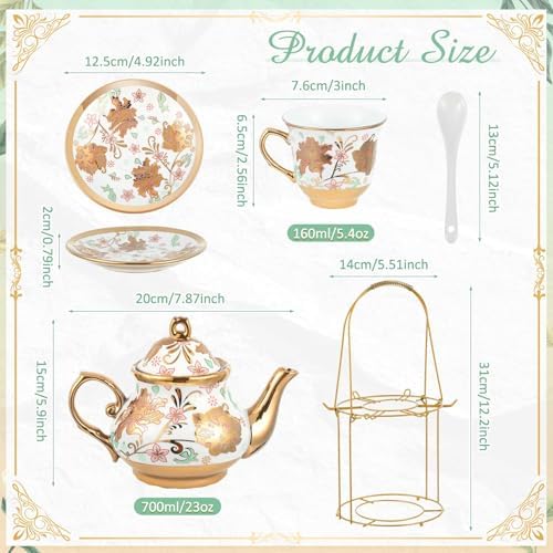 Zhehao 20 Pcs Porcelain Tea Set for Adult, with Metal Holder, Elegant - Image 2