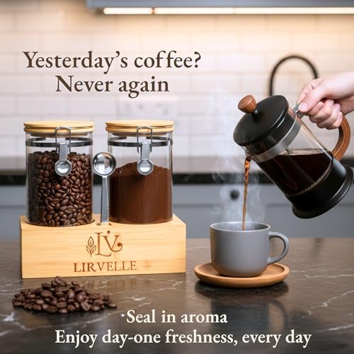 Airtight Coffee Canister with Scoop | Curated Glass Storage Set for Beans, Grounds & Sugar | 9-Piece Ritual Organizer with Bamboo Base, Versatile Artisan Spoon, Labels & Cleaning Brush - Image 2
