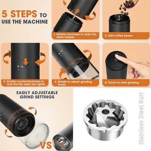 Portable Electric Coffee Grider with 40 Adjustable Levels Fine to Coarse Setting, Ceramic Conical Burr, for Home, Office, Travel, Camping, 1800mAH Rechargeable (black C, stainless steel burr) - Image 6