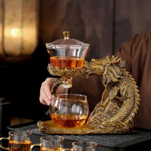 Glass Kungfu Teapot Set Tea maker with Infuser Semi Automatic Tea Set with 6 Small Cups (Brown dragon-style a) - Image 3