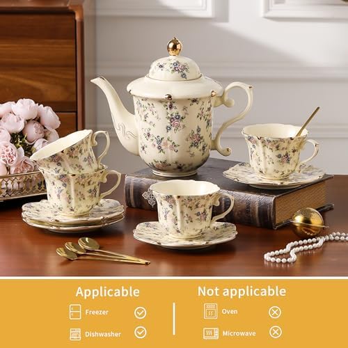 TATSUMI Country Roses Porcelain Tea Set, European Ceramic tea set for adults,Vintage Style, For Women and Tea Parties (Yellow, 13 Pieces Set) - Image 3