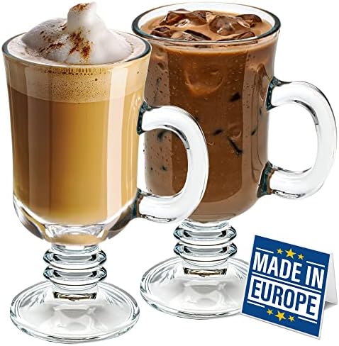 Volarium Irish Coffee Glass Mugs, Latte Cups, Set of 2 Cappuccino and Hot Chocolate Mugs with Handle, Clear Glass Cups for Hot Beverages, 7 3/4 oz by VolariumLLC