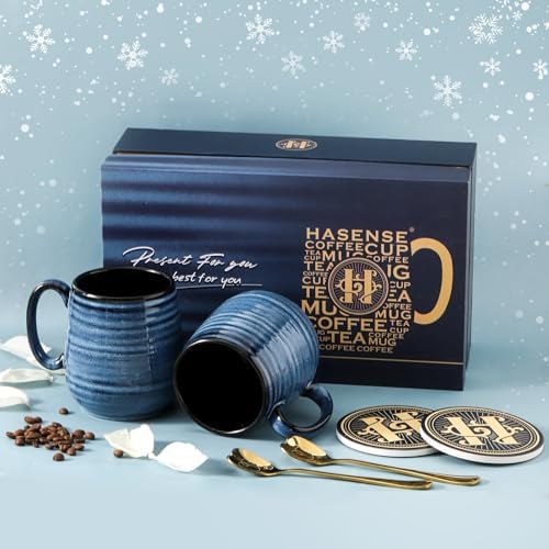 HASENSE Coffee Mugs Gift Set, 20 oz Ceramic Coffee Cups for Men and Women, Premium Large Tea Cups Gift Box with Coaster & Gold Spoon, Blue Couple Mugs for Wedding Holiday - Image 4