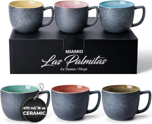 MIAMIO - Stoneware Coffee Mugs Set of 6 (16 oz) - Las Palmitas - Modern by MIAMIO