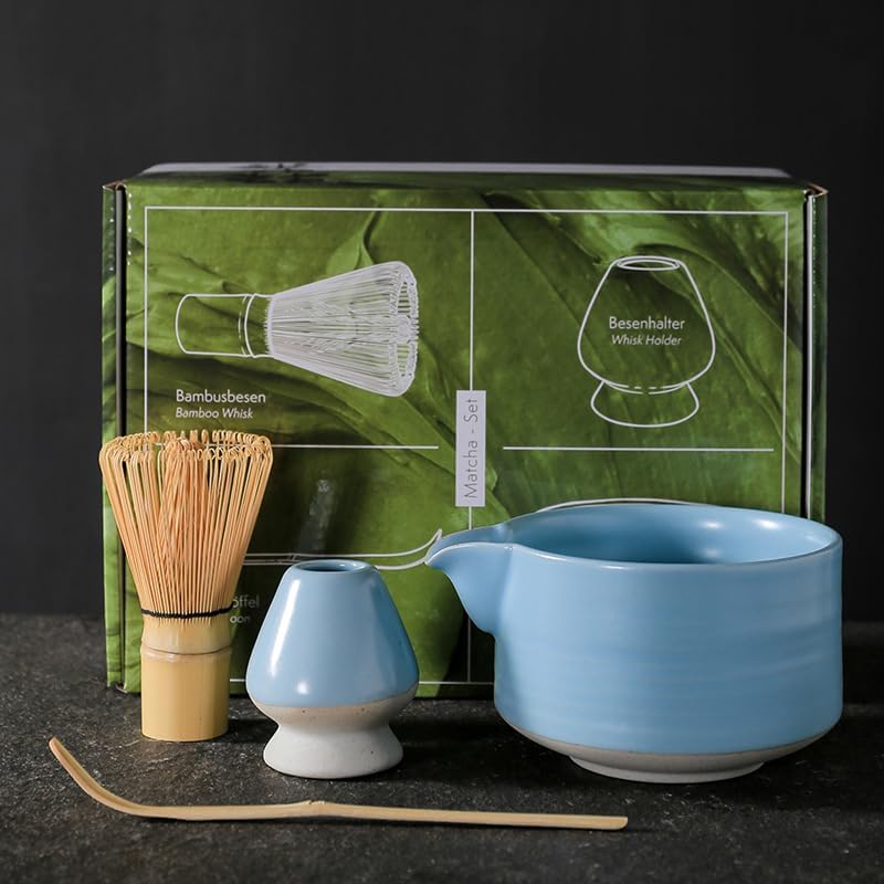 Japanese Matcha Tea Set of 4 Ceremony Matcha Kit with Matcha Bowl(Chawan) with Pouring Spout, Matcha Whisk (Chasen), Scoop (Chashaku) for Japanese Tea Ceremon Blue by Auerhceram