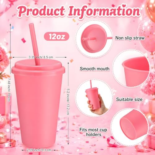 Honeydak 30 Pack Reusable Plastic Tumblers with Lids and Straws 12oz Colorful Cold Drink Cups Bulk Travel Mug Leak Proof Party Iced Coffee Cups for Summer Party Birthday Gift (No Glitter,Pink) - Image 3