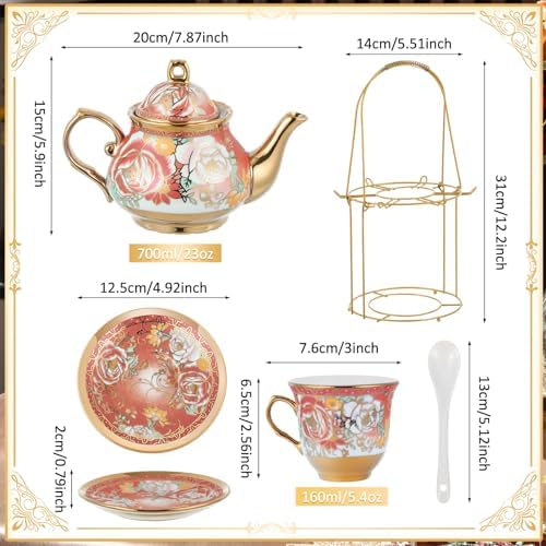 Zhehao 20 Pcs Porcelain Tea Set for Adult, with Metal Holder, Noble - Image 2