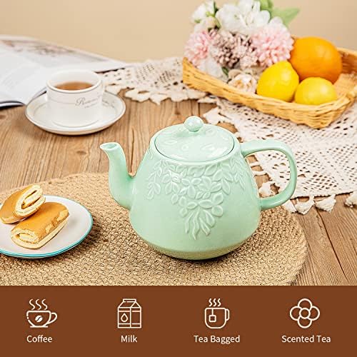 Toptier Leaf Teapot, Porcelain Tea Pot with Infuser and Lid, Blooming & Loose Leaf Ceramic Teapot, 37 Ounce, Light Green - Image 6