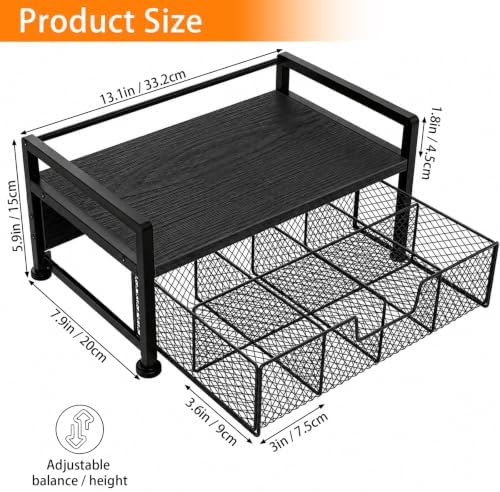 Tea Bag Organizer, Wooden Tea Box with Drawer and Top Tray, Black - Image 3