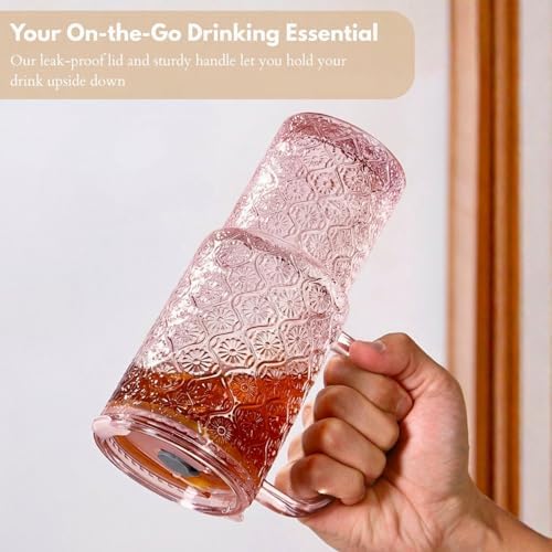 20 oz Pink Glass Tumbler with Lid and Straw, Glass Iced Coffee Cups, Spill-proof Glasses Tumbler with Handle, Hobnail Glasses Drinking Set of 2, Vintage Glassware for Cocktail, Smoothies - Image 4