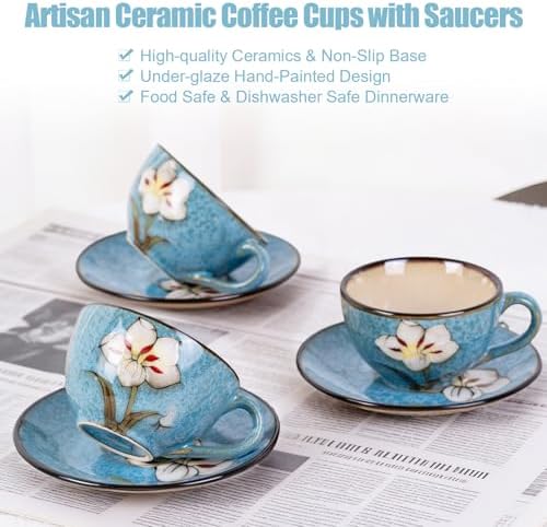 8 Oz Floral Porcelain Cappuccino Cups with Saucers Set of 4, Stoneware Tea Coffee Mugs for Home Kitchen & Office, Dishwasher Microwave Oven Safe, for Espresso, Latte, Americano, Milk & Tea, Blue - Image 5