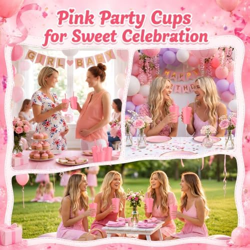 Honeydak 30 Pack Reusable Plastic Tumblers with Lids and Straws 12oz Colorful Cold Drink Cups Bulk Travel Mug Leak Proof Party Iced Coffee Cups for Summer Party Birthday Gift (No Glitter,Pink) - Image 6