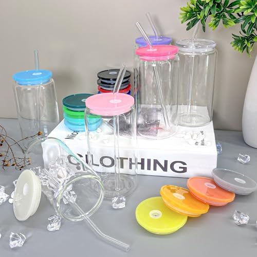 WHEATHUSK 20 Pack Glass Cups with Acrylic Lids and Glass Straws 16oz Iced Coffee Cups Clear Glass Tumbler Can Shaped Drinking Glasses, Cute Glass Smoothie Cups for Tea Beer Soda Whiskey Gift - Image 4