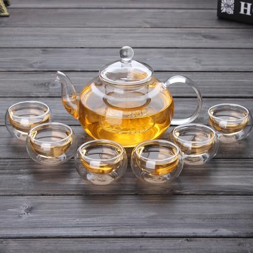 Glass Teapot 600ml/20.3oz with 6pcs Double Wall Teacups Removable Infuser Stovetop Safe Glass Tea Kettle Loose Leaf and Blooming Tea Maker Set - Image 2