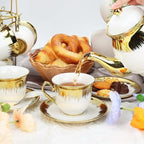 Porcelain Tea Set, Large Ceramic Tea Set for Adults with Metal Holder, 20 Pcs European Tea Cup Set, Luxury Adult Tea Sets Gift, Gold Trim Tea Cup Saucer Sets for Party Deco,1000ML (Gold Trim) - Image 2