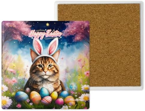 Happy Easter Maine Coon with Bunny Ear Headband and Flowers Set of 4 Stone Coasters Cat Lover Kitten Owner Gifts 4x4in Absorbent Soapstone Coaster 13001 by Ninety3POD