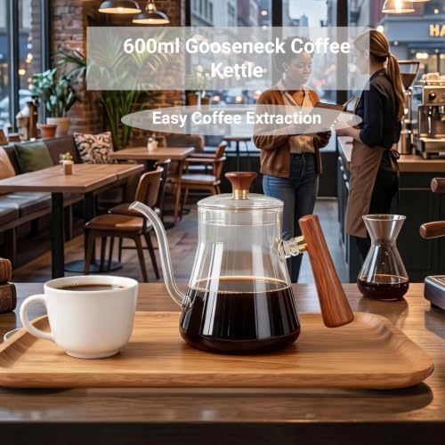 Pour Over Kettle, Gooseneck Coffee Kettle, 600ml High Borosilicate Glass Teapot with Round Wood Handle, Stable Effluent for Full Flavor Extraction - Image 3