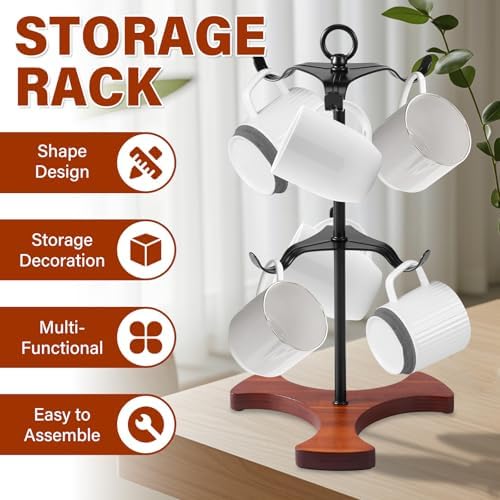 Coffee Mug Tree with 6 Hooks Wood Base Mug Holder Tree Space Saving Tea Cup Holder Rack for Home Countertop(black) - Image 3