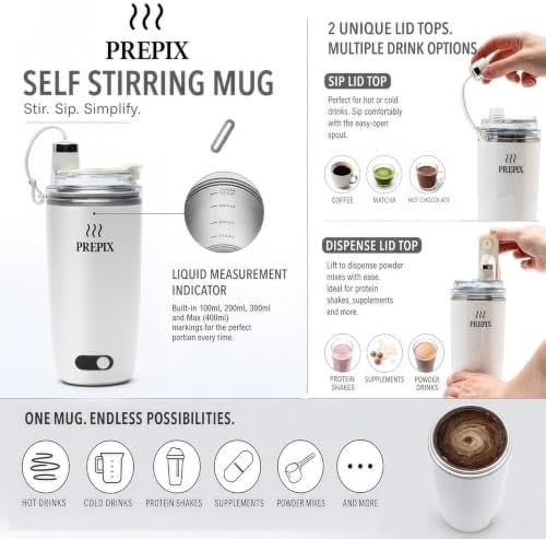 PREPIX Self Stirring Mug, USB-C Rechargeable Coffee Mixer, Stainless Steel Insulated Travel Mug with Electric Stirrer & Spill-Proof Lid, for Coffee, Hot Chocolate & Matcha, 14oz - Image 6