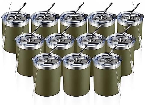 MEWAY 12 oz Lowball, Tumbler Stainless Steel Double Wall Vacuum Insulated Mug with Straw and Lid, Cleaning Brush ，Durable Powder Coated Insulated Coffee Cup for Cold & Hot Drinks (Army Green,12) by MEWAY