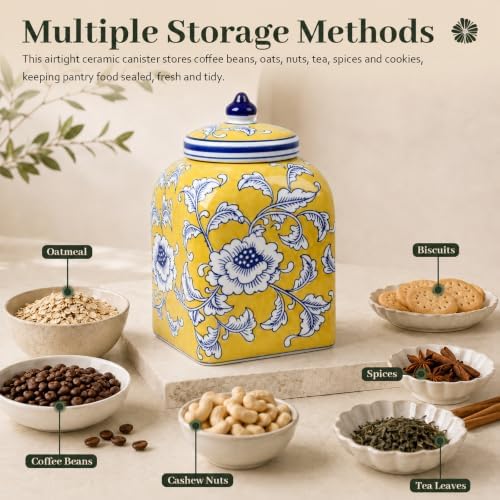 Ceramic Tea Canister with Airtight Lid, 10" H Kitchen Decor Jar for Loose Leaf Tea & Coffee Bean Storage, Hand-painted Chinoiserie Ginger Jars for Home Decor, 121 fl oz - Yellow Peony - Image 4