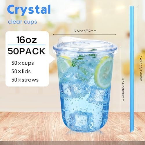 Ziliny 50 Pack 16 Oz Blue Plastic Cups with Lids and Straws, Iced Coffee - Image 3