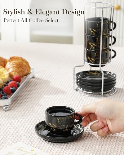 MALACASA 2.5 OZ Porcelain Espresso Cups with Saucers and Metal Stand Set of 4, Stackable Cappuccino Cups, Marble Black Expresso Shots Cup Set for Coffee Drinks, Latte, Tea - Image 5