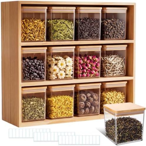 Suclain Bamboo Tea Storage Rack with 12 Canisters with Lids and 24 Tags for Bagged & Loose Leaf Tea Organization or Pantry Office Coffee Station by Suclain
