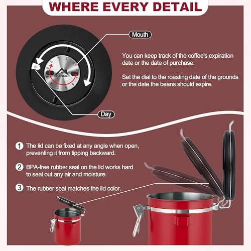ShanSon Coffee Canister Airtight, Stainless Steel Bean Storage Container with Date Tracker & Scoop, Grounds Sugar Flour Tea Cereal Fits Kitchen Pantry, Ideal Gift for Coffee Lovers,12oz,Red - Image 4