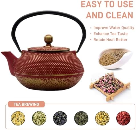30.4oz Small Cast Iron Teapot with Infuser for Loose Tea & Coffee, Tea Pot Coated with Enameled Interior, Cast Iron Tea Kettle with Teacups for Adults, Exquite Cast Tea Set with 4PCS Iron Cups - Image 4