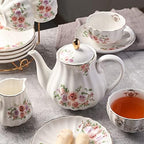 Porcelain Tea Sets British Royal Series, 8 OZ Cups& Saucer Service for 6, with Teapot Sugar Bowl Cream Pitcher Teaspoons and tea strainer and Display Stand for Tea/Coffee (Rose Flower) - Image 5