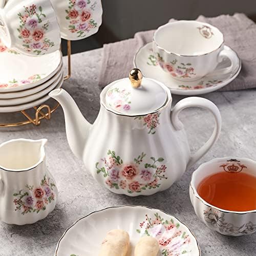 Porcelain Tea Sets British Royal Series, 8 OZ Cups& Saucer Service for 6, with Teapot Sugar Bowl Cream Pitcher Teaspoons and tea strainer and Display Stand for Tea/Coffee (Rose Flower) - Image 5