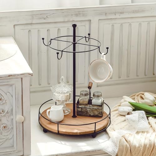 Farmhouse Coffee Mug Holder Tree with Wood Tray, Vintage Countertop Mug Rack, 4-Mug Holder, Rustic Coffee Cup Holder Tree, Tea Cup Storage Stand for Bar Kitchen Counter,Black - Image 2