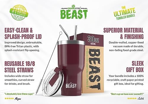 Beast 30 oz Tumbler Stainless Steel Vacuum Insulated Coffee Ice Cup Double Wall Travel Flask (Cranberry Red) - Image 2