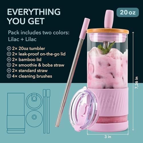 Pandaloo® Glass Cups With Lids and Straws -20 Fl Oz- Perfect Size Iced Coffee Cup - Smoothie Cup With Bamboo Lid and On the go Lid - Glass Tumbler (2 Count (Pack of 1), Lilac Rhapsody-Lilac Rhapsody) - Image 2
