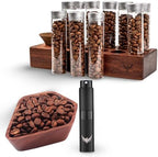 Coffee Storage and Dosing Cup Set - Single Dose Glass Tubes with Wooden Stand, Walnut Dosing Tray, and RDT Spray Bottle - Premium Coffee Preparation Set by KNODOS