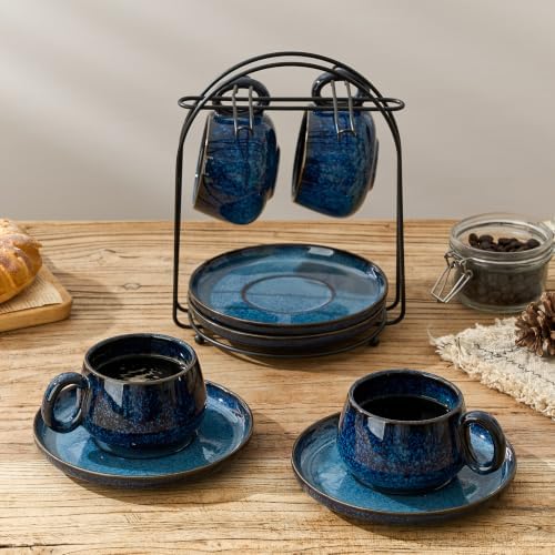 LUKA 7.77 oz Ceramic Cappuccino Cups with Saucers and Metal Stand, Set of 4 Large Unique Porcelain Coffee Cup for Latte, Cafe Mocha, Tea, Espresso, Dishwasher Safe, Reactive Glaze Bule - Image 3