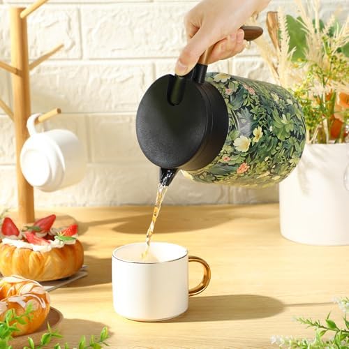 LemonRoad 2 Pcs 35 oz Vintage Floral Pattern Tea Pot with Infuser | Stainless Steel Insulated Tea Pot with Lid and Wooden Handle Thermal Carafe for Hot Drinks Coffee(Green, Pink) - Image 5