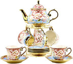 20 Pieces Porcelain Tea Set With Metal Holder, European Ceramic tea set for adults,Flower Tea Set,Tea Set For Women With Flower Painting(Large version, Light Blue)) by TATSUMI