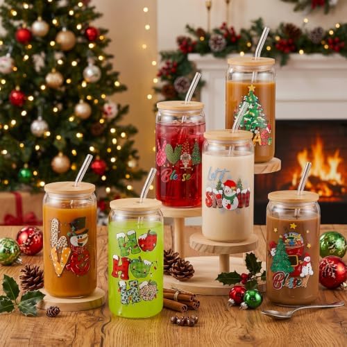6 Pcs Christmas Glass Cups with Lids and Straws Snowman Christmas Tree Gnome Blessed Tumbler 16 oz Xmas Reusable Can Shaped Drinking Glasses Bulk for Winter Gifts Party Supplies - Image 5