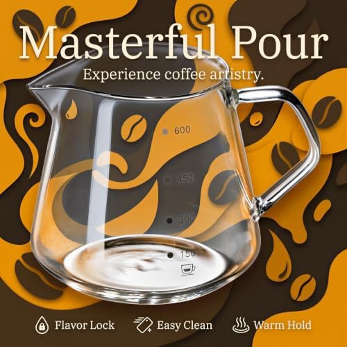 Pour Over Coffee Maker Set, 20.3 fl oz / 600 ml Glass Dripper and Carafe, Conical Design with Wood Base, Manual Drip Coffee Maker for Home, Office, Cafe, Clear Scale and Easy Pour Handle - Image 2