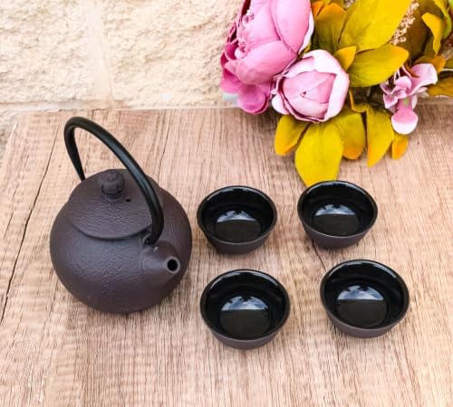 Ebros Gift Traditional Oriental Tetsubin Small Cast Iron 10oz Teapot With Strainer And 4 Mini Tea Cups 1oz Asian Fusion Housewarming Tea Service Drinkware Accent (Textured Dark Brown) - Image 5