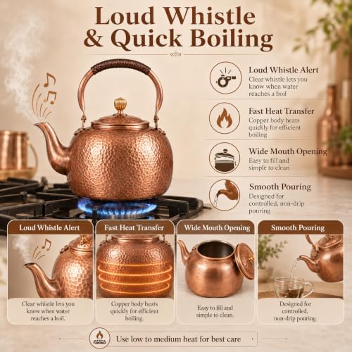 Copper Vintage Stovetop Whistling Tea Kettle, 3.2QT Solid Copper Tea Pot for Stove Top with Loud Whistle, Fast Boiling Water Kettle for Induction, Gas & Electric, Easy Pour (B 3L) - Image 5