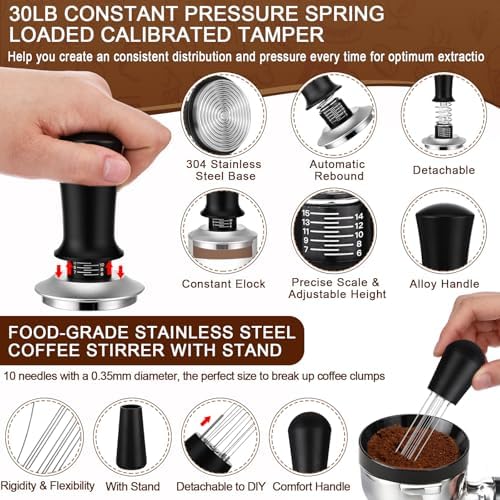 5 Pcs 53mm Espresso Accessories Kit, 3kg/0.1g Accurate Coffee Scale with Timer, Coffee Distributor Spring Loaded Calibrated Tamper WDT Tool and Dosing Funnel Set Fits 53mm Espresso Machines - Image 4
