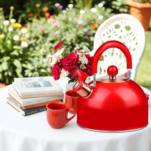 2.6 Quart Red Whistling Tea Kettle for Stovetop, Stainless Steel Teapot with Cool-Touch Handle, Loud Whistle, Wide Base, Gas Electric Induction Compatible - Image 6
