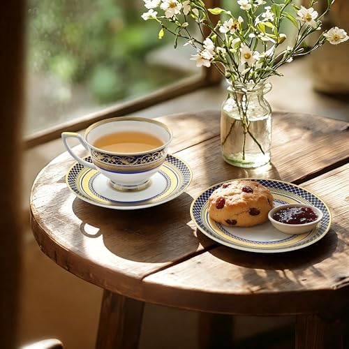 Luxury White & Gold Embossed Tea Cups and Saucers with Teapot, Sugar Bowl, & &Creamer, Vintage European Porcelain Coffee Set for Tea Party, Wedding, Gift (Gold&Navy Blue, 4pcs/set) - Image 3